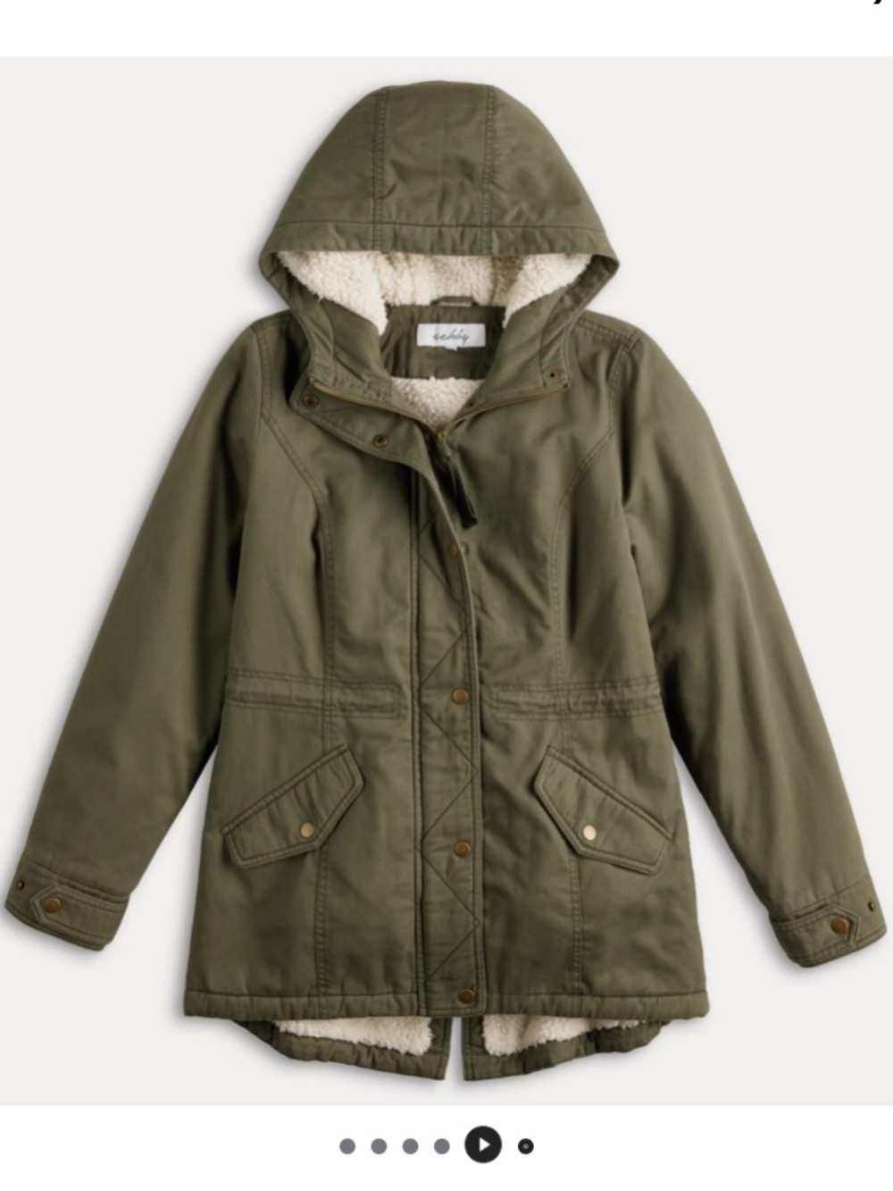Sebby Cozy Faux Fur Lined Parka Cotton Twill Olive Green Jacket Fall Coat NWOT